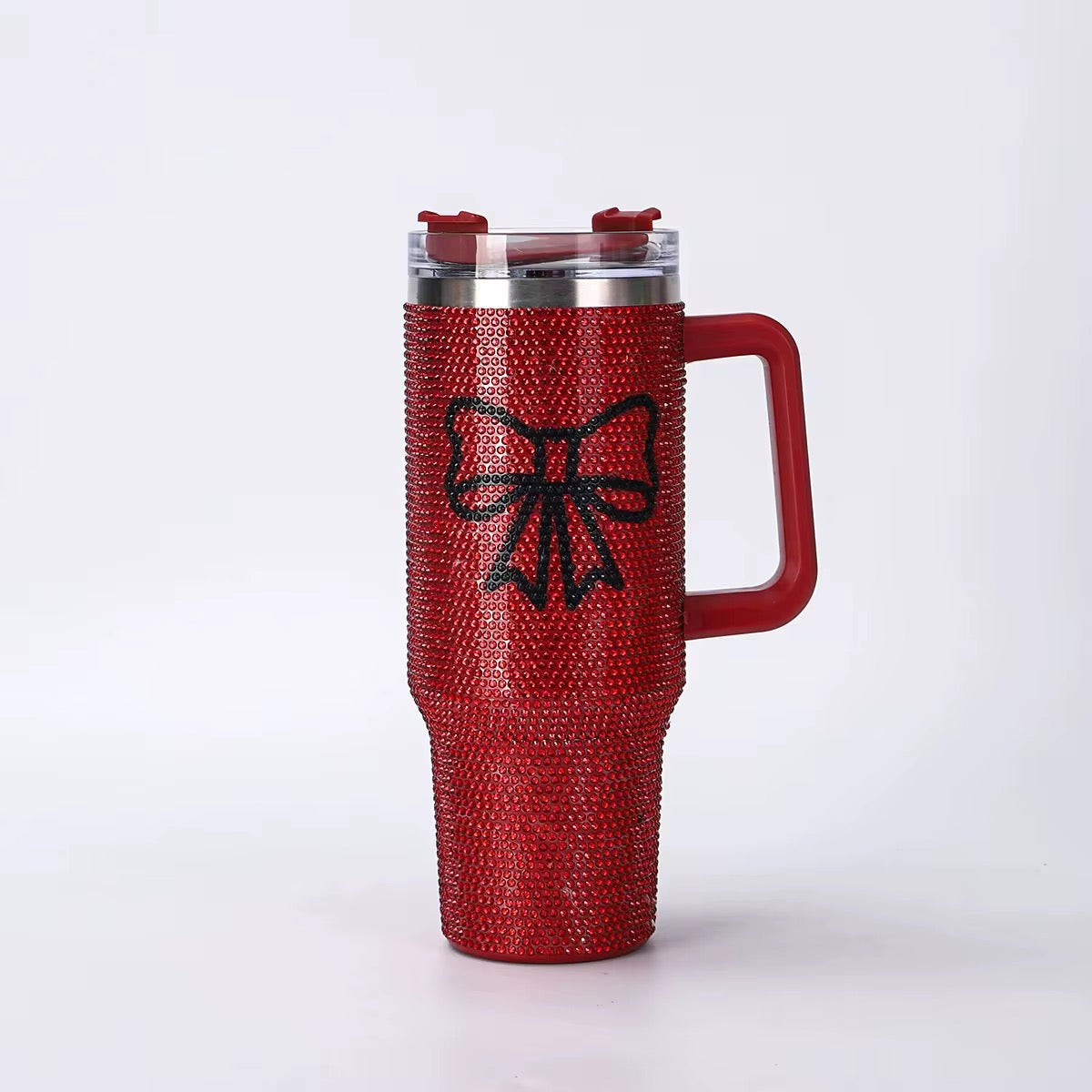 40 oz Bow Bling Rhinestone With Handle & Straw Double-Wall Vacuum Stainless Steel Insulated Cup