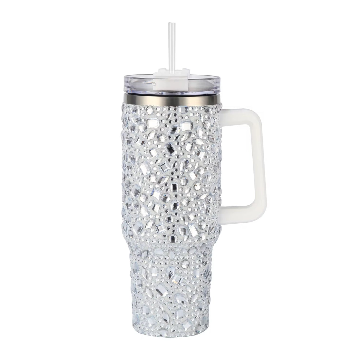 40 oz Bling Rhinestone Tumbler With Handle & Straw Double-Wall Vacuum Stainless Steel Insulated Cup
