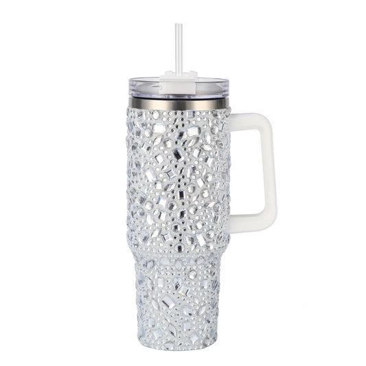 40 oz Bling Rhinestone Tumbler With Handle & Straw Double-Wall Vacuum Stainless Steel Insulated Cup