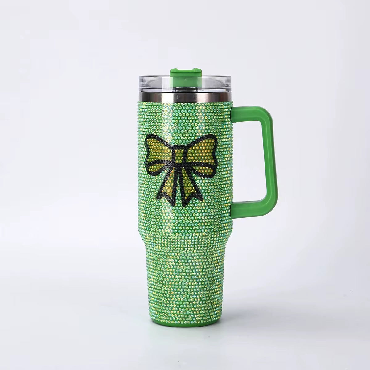 40 oz Bow Bling Rhinestone With Handle & Straw Double-Wall Vacuum Stainless Steel Insulated Cup