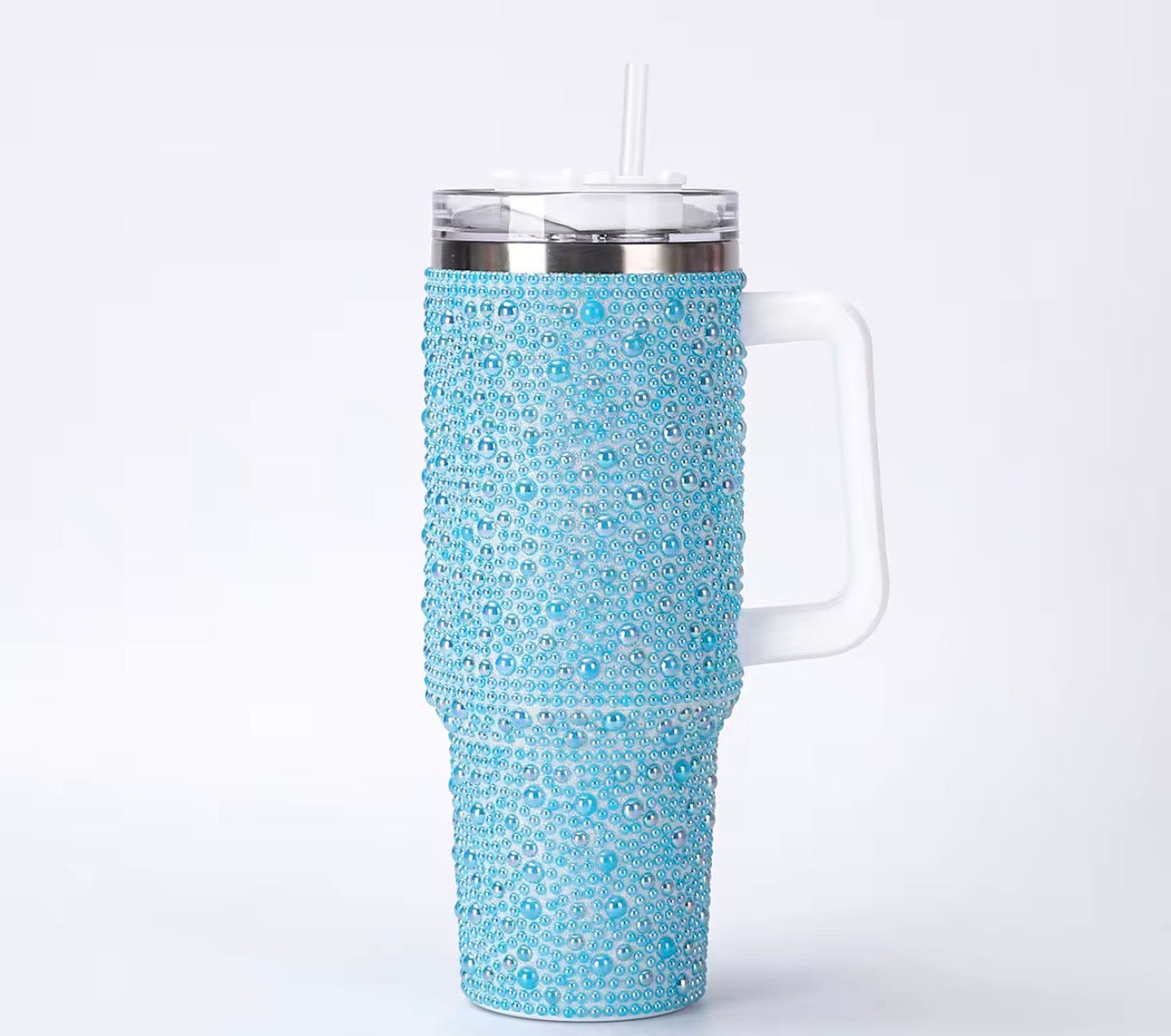 40 oz Pearl BeadedTumbler With Handle & Straw Double-Wall Vacuum Stainless Steel Insulated Cup