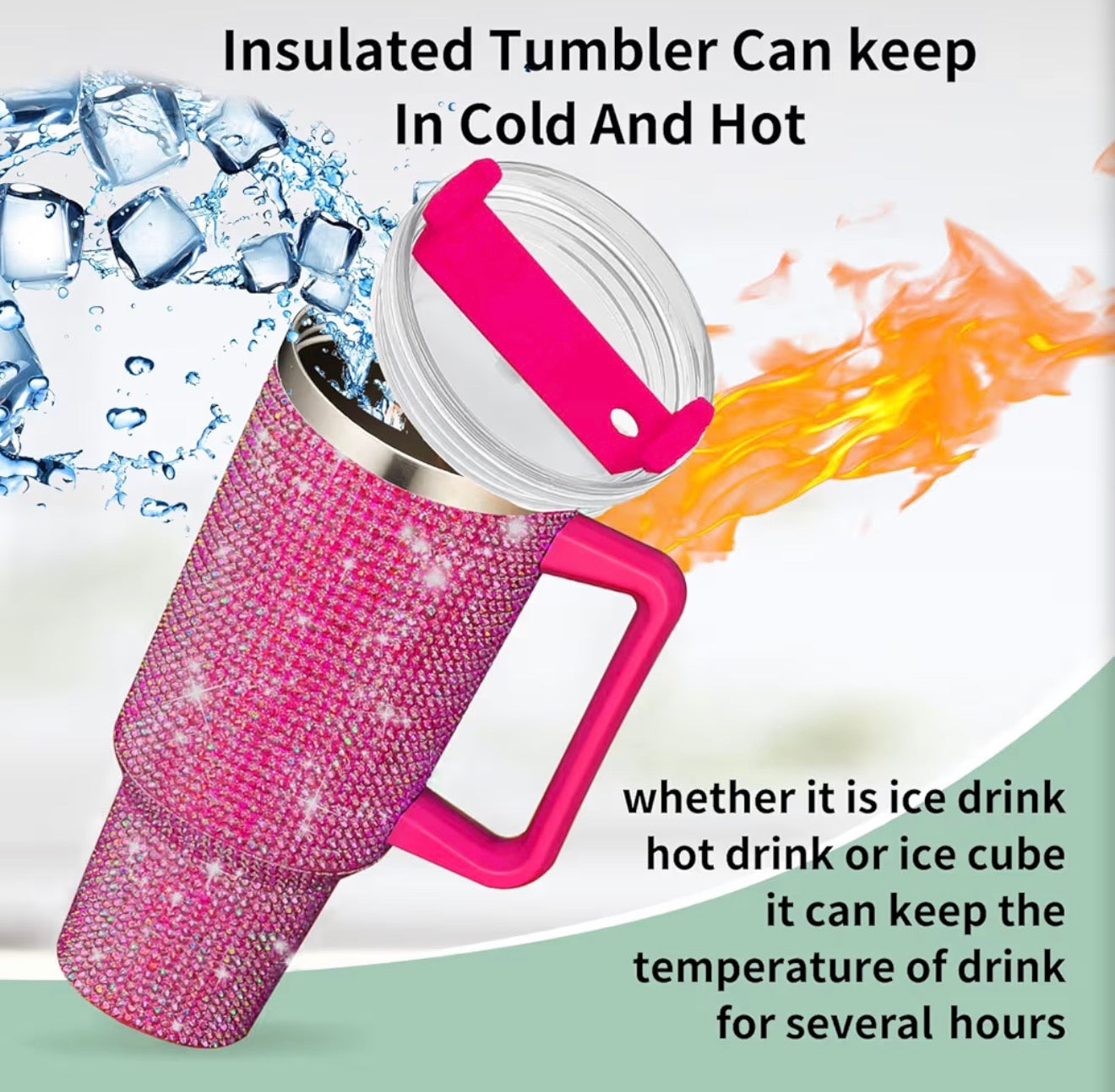 40 oz Bling Rhinestone Tumbler With Handle & Straw Double-Wall Stainless Steel Vacuum Insulated Mug