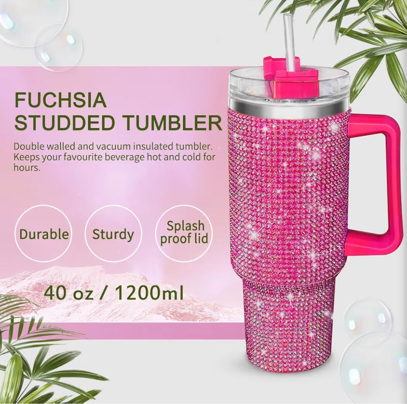 40 oz Bling Rhinestone Tumbler With Handle & Straw Double-Wall Stainless Steel Vacuum Insulated Mug