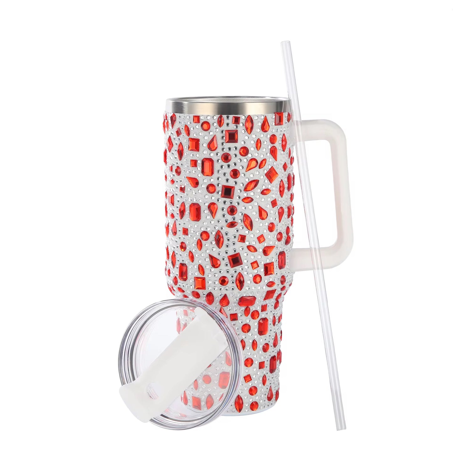 40 oz Bling Rhinestone Tumbler With Handle & Straw Double-Wall Vacuum Stainless Steel Insulated Cup