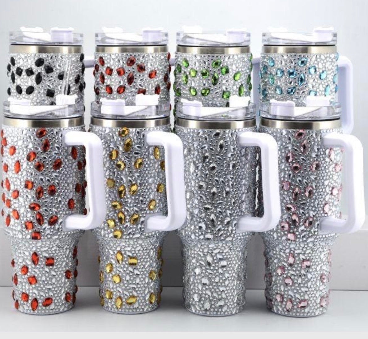 40 oz Bling Rhinestone Tumbler With Handle & Straw Double-Wall Vacuum Stainless Steel Insulated Cup