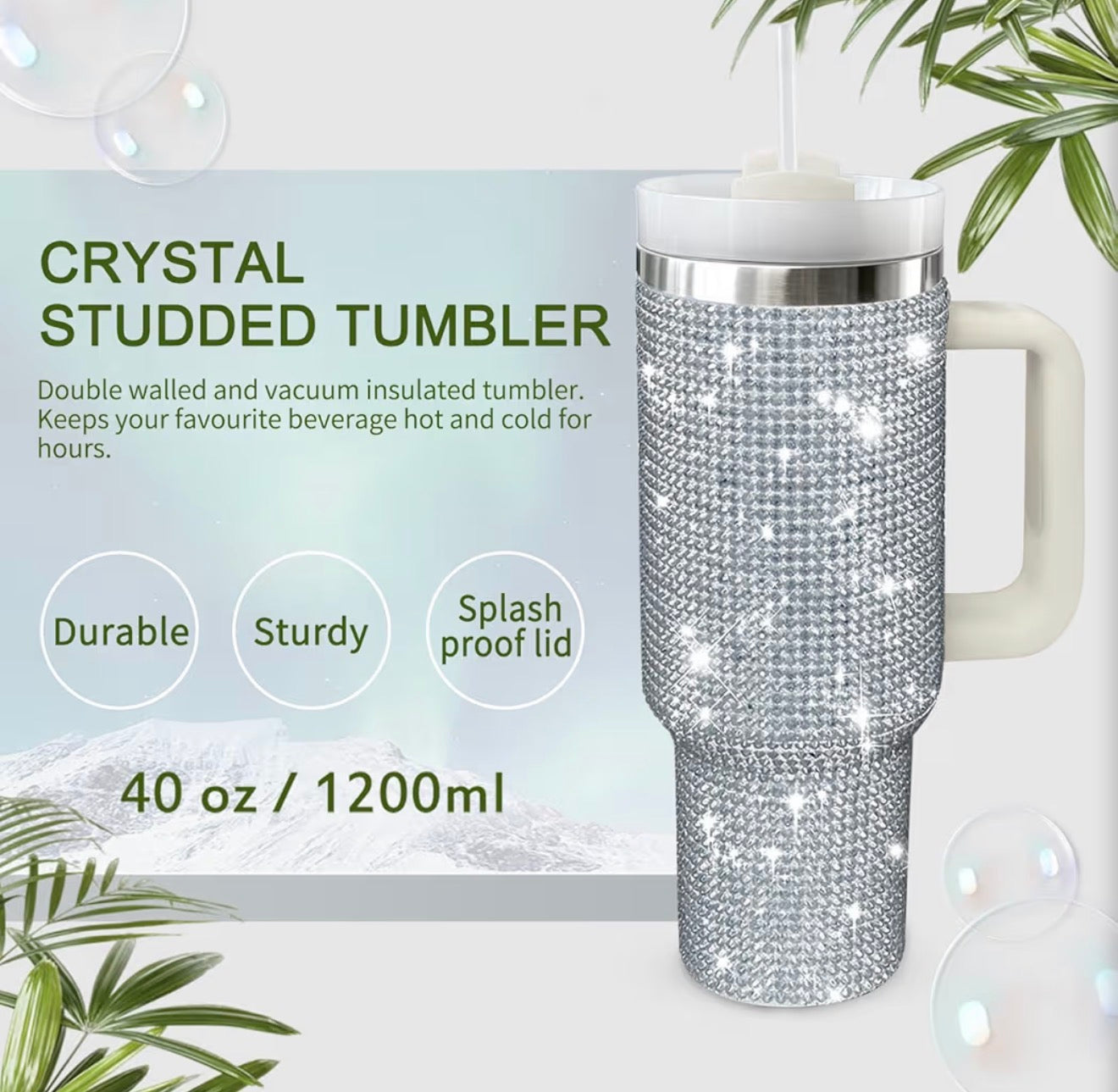 40 oz Bling Rhinestone Tumbler With Handle & Straw Double-Wall Stainless Steel Vacuum Insulated Mug
