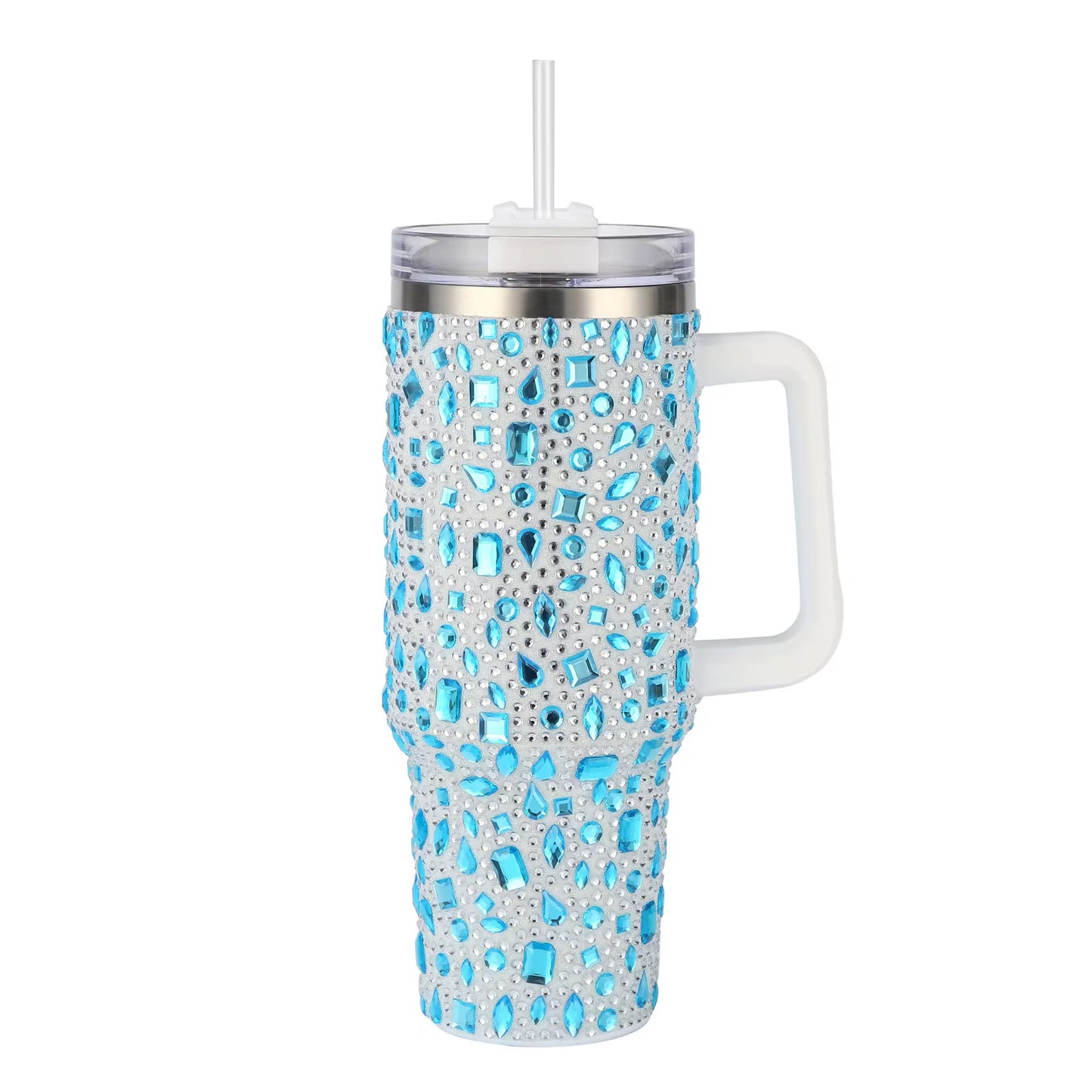 40 oz Bling Rhinestone Tumbler With Handle & Straw Double-Wall Vacuum Stainless Steel Insulated Cup