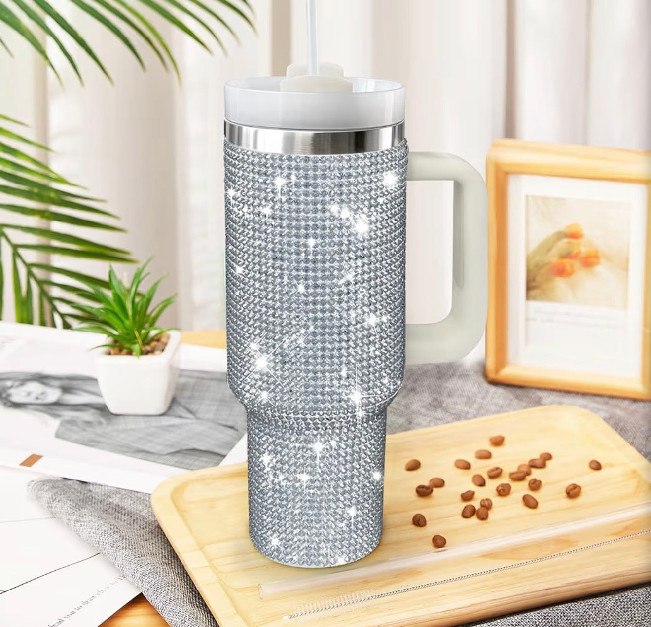 40 oz Bling Rhinestone Tumbler With Handle & Straw Double-Wall Stainless Steel Vacuum Insulated Mug