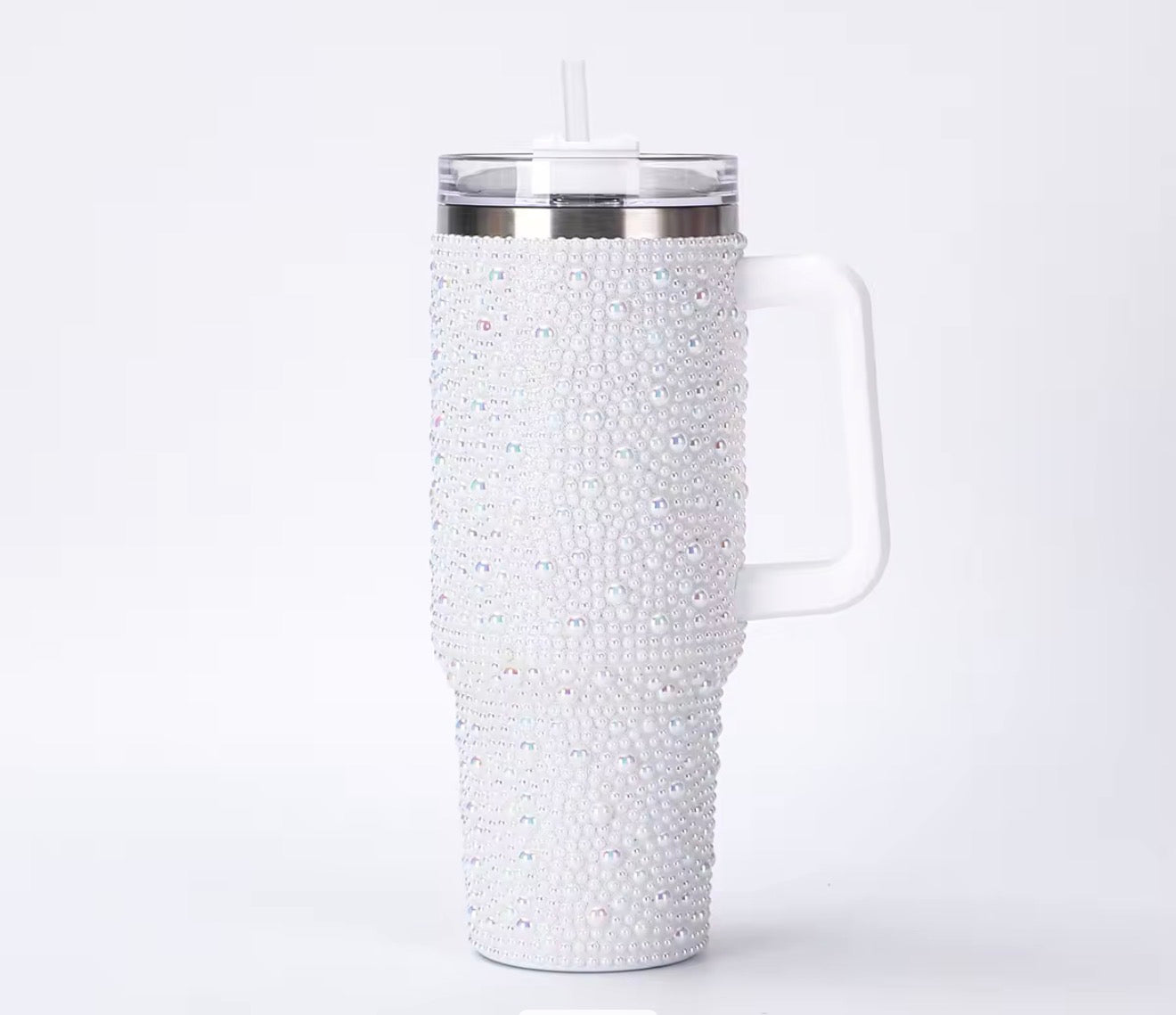 40 oz Pearl BeadedTumbler With Handle & Straw Double-Wall Vacuum Stainless Steel Insulated Cup