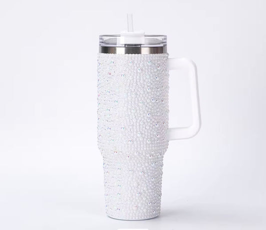 40 oz Pearl BeadedTumbler With Handle & Straw Double-Wall Vacuum Stainless Steel Insulated Cup
