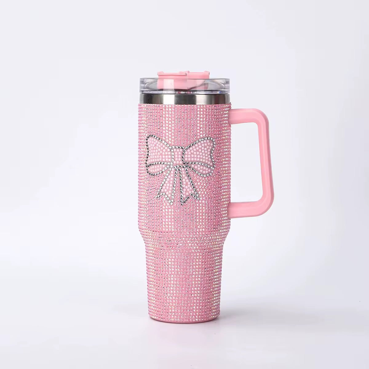 40 oz Bow Bling Rhinestone With Handle & Straw Double-Wall Vacuum Stainless Steel Insulated Cup