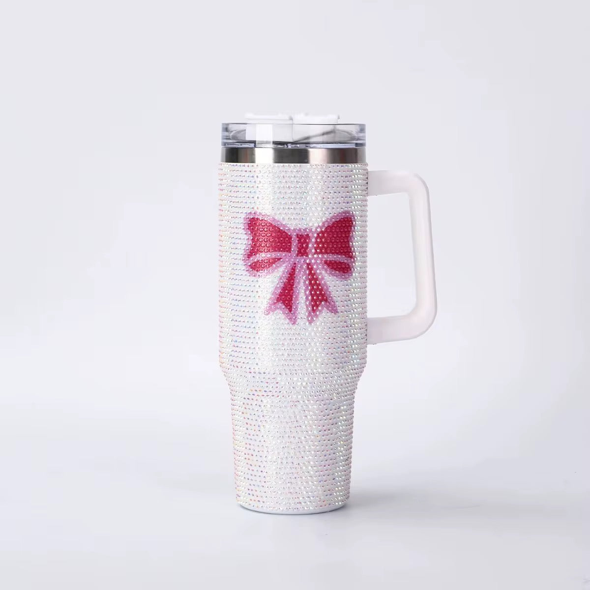40 oz Bow Bling Rhinestone With Handle & Straw Double-Wall Vacuum Stainless Steel Insulated Cup