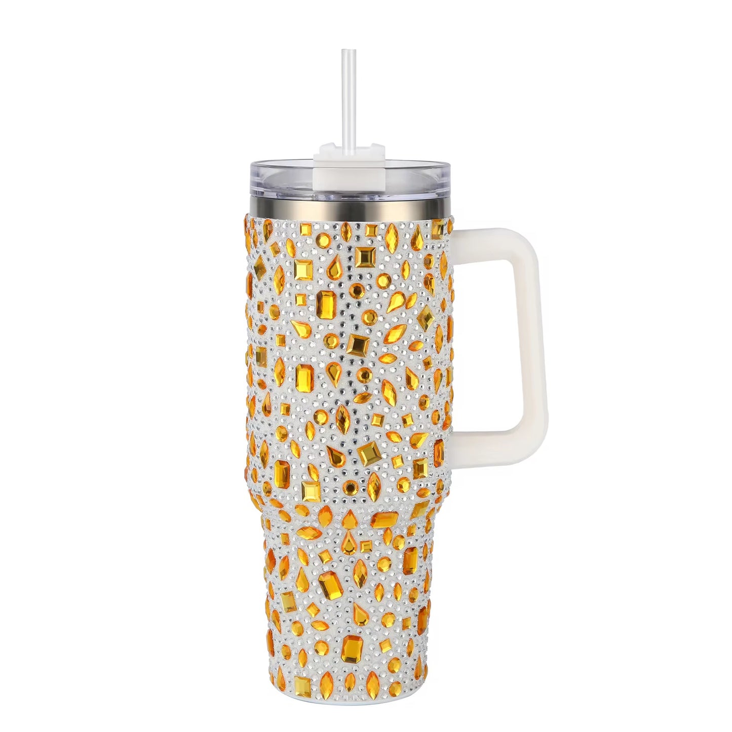 40 oz Bling Rhinestone Tumbler With Handle & Straw Double-Wall Vacuum Stainless Steel Insulated Cup