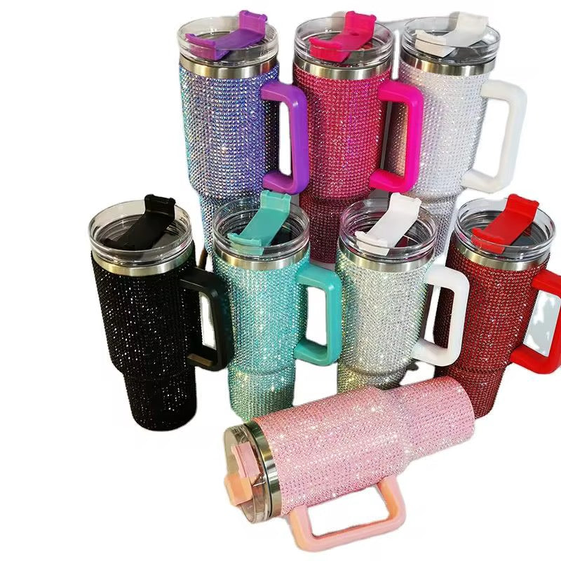 40 oz Bling Rhinestone Tumbler With Handle & Straw Double-Wall Stainless Steel Vacuum Insulated Mug