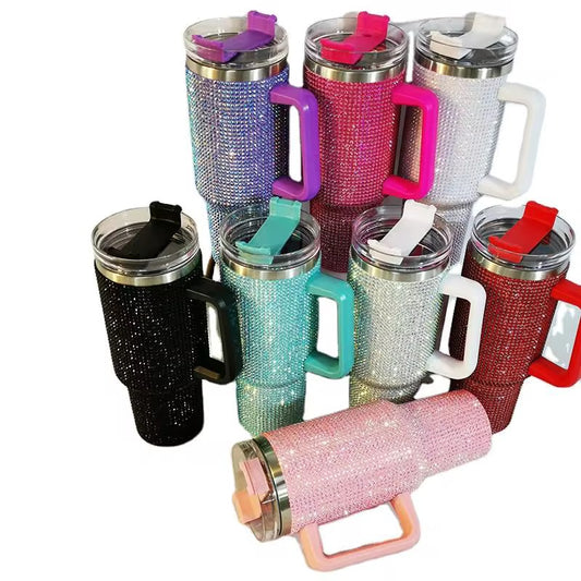 40 oz Bling Rhinestone Tumbler With Handle & Straw Double-Wall Stainless Steel Vacuum Insulated Mug