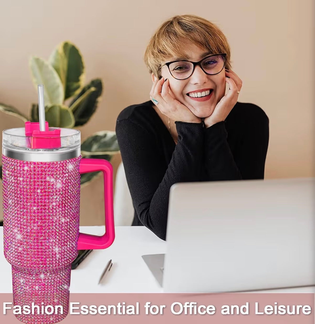 40 oz Bling Rhinestone Tumbler With Handle & Straw Double-Wall Stainless Steel Vacuum Insulated Mug