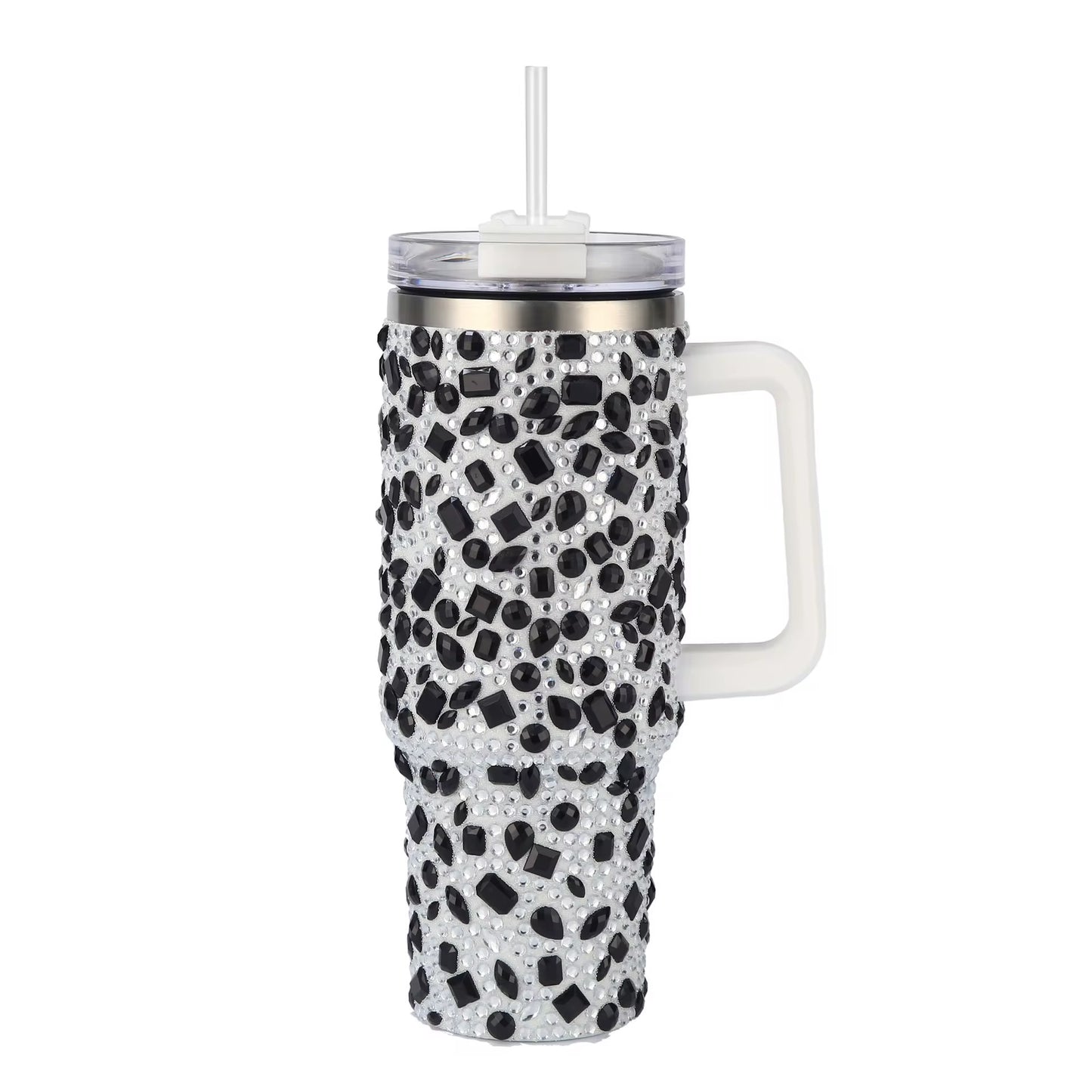 40 oz Bling Rhinestone Tumbler With Handle & Straw Double-Wall Vacuum Stainless Steel Insulated Cup
