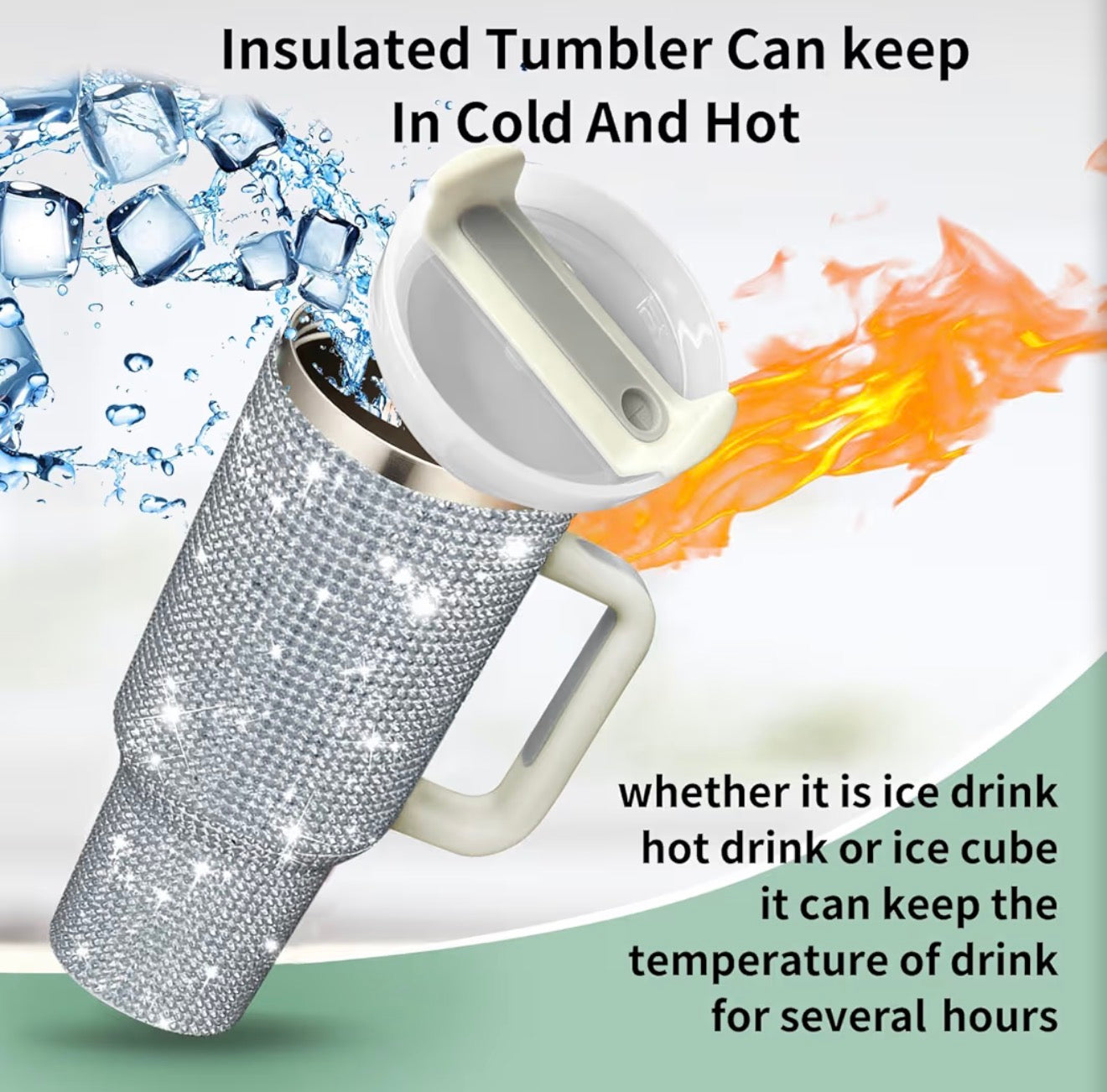 40 oz Bling Rhinestone Tumbler With Handle & Straw Double-Wall Stainless Steel Vacuum Insulated Mug