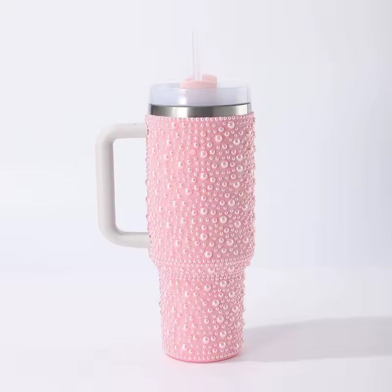 40 oz Pearl BeadedTumbler With Handle & Straw Double-Wall Vacuum Stainless Steel Insulated Cup