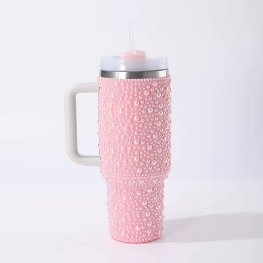 40oz Pink Pearl Rhinestone Tumbler with Handle – Insulated Stainless Steel Travel Cup | Diamond Hotness