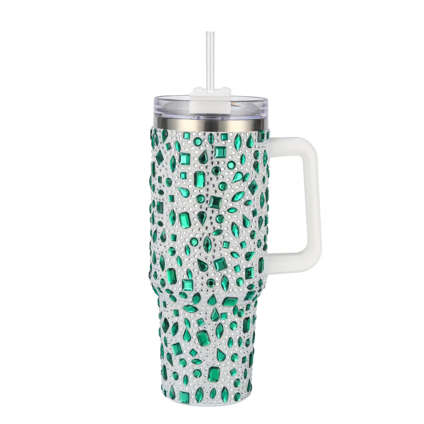 40 oz Bling Rhinestone Tumbler With Handle & Straw Double-Wall Vacuum Stainless Steel Insulated Cup