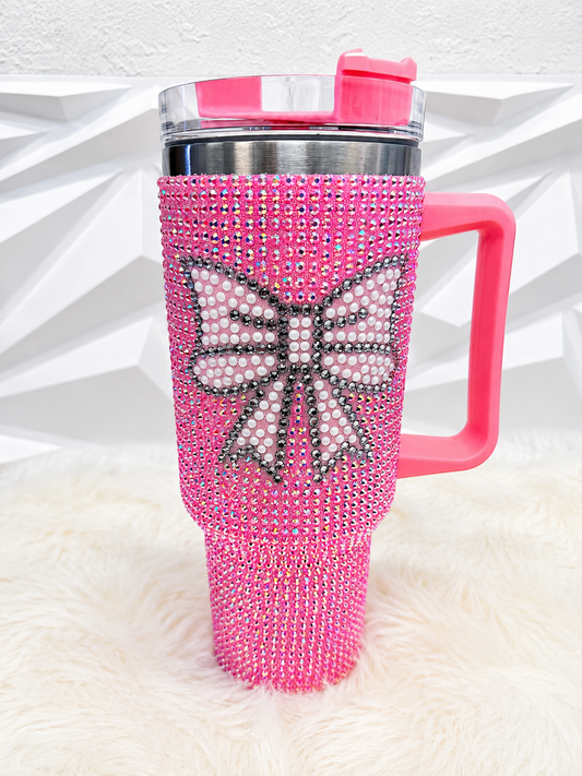 40oz Pink Rhinestone Bow Tumbler with Handle – Bling Insulated Stainless Steel Cup | Diamond Hotness