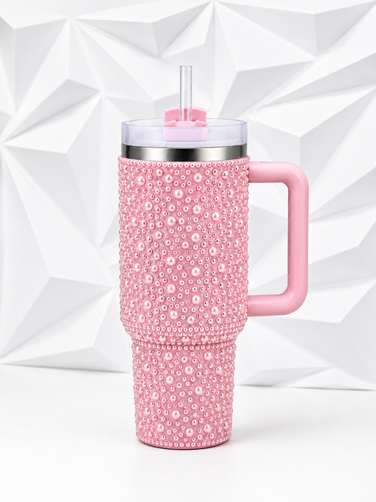 40oz Pink Pearl Rhinestone Tumbler with Handle – Insulated Stainless Steel Travel Cup | Diamond Hotness